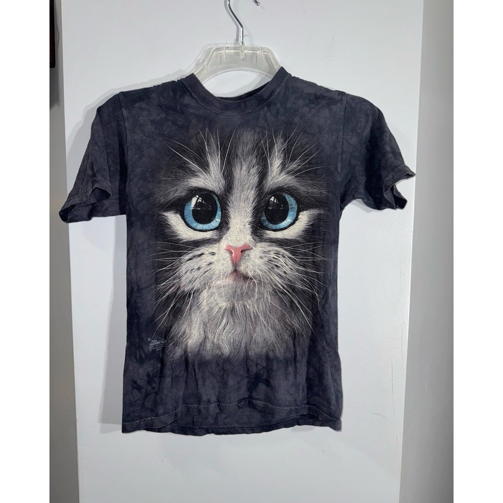 The Mountain blue eyed cat‎ face black gray short sleeve large SIZE NOTES